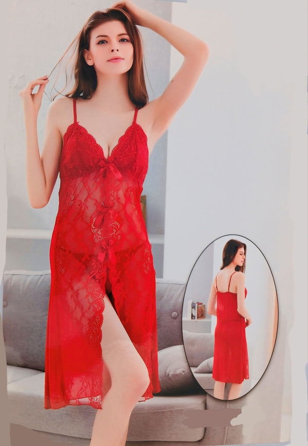 Crimson Desire Red Net Nighty – Sheer Temptation