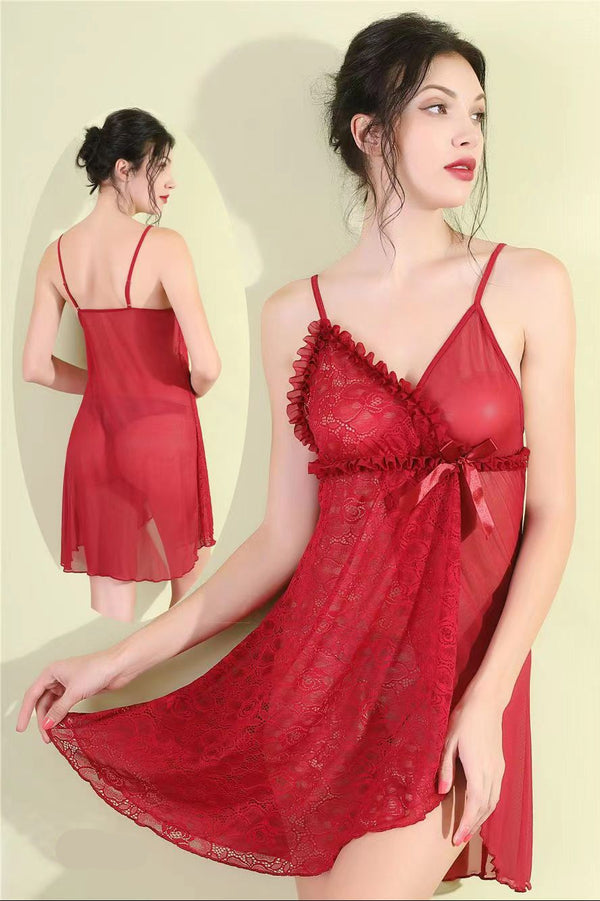 Lace & Net Print Design Nighty with Ribbon Tie – Chic & Sexy