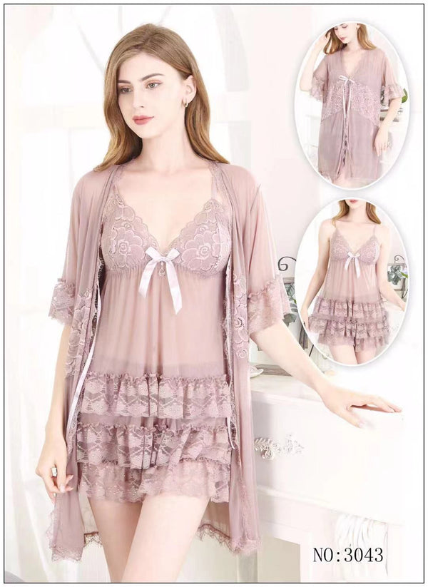 3-Piece Silky Lace Nighty Set – Soft & Net Design