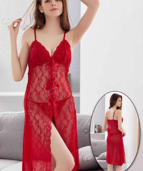 Crimson Desire Red Net Nighty – Sheer Temptation