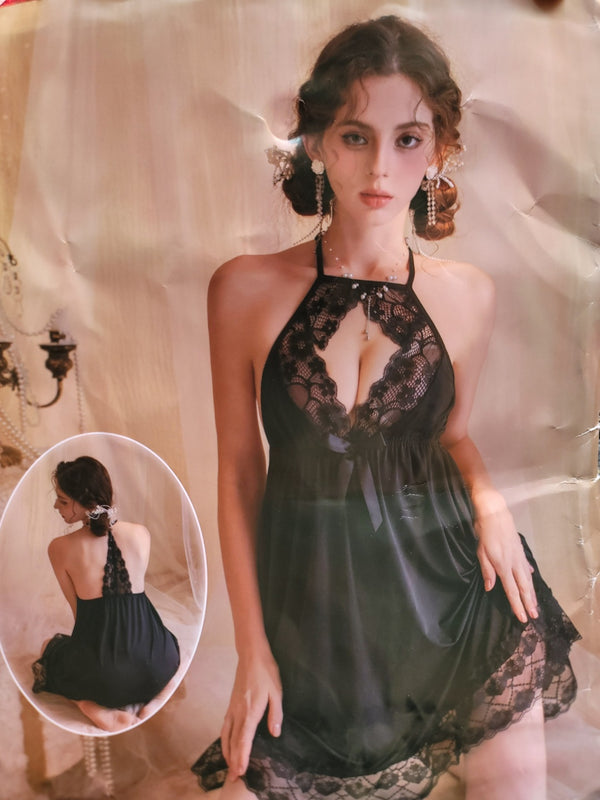 Midnight Lace Halter Nighty – Soft Satin & Allure
